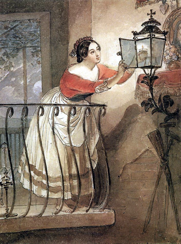 Donna italiana che accende una lampada davanti all'immagine della Madonna, 1835